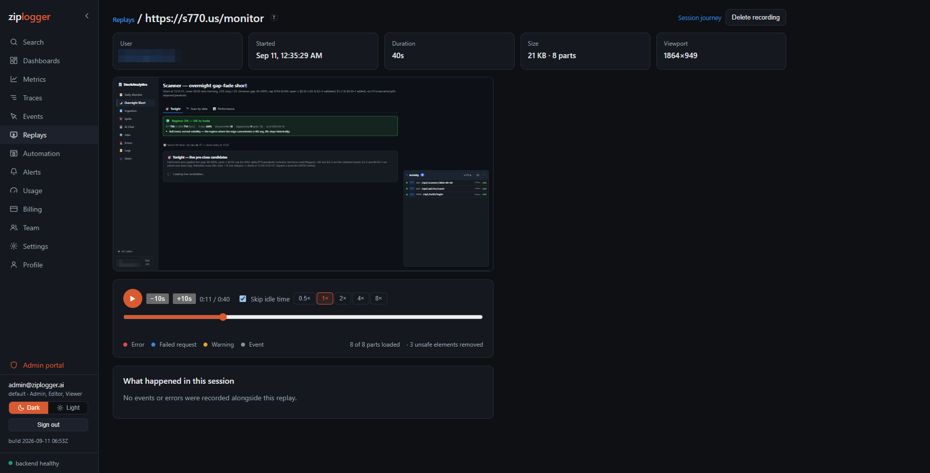 A session replay in ZipLogger: the recorded page rebuilt in a sandboxed player, with play controls, a timeline and speed options underneath, and the session's user, start time, duration and size above