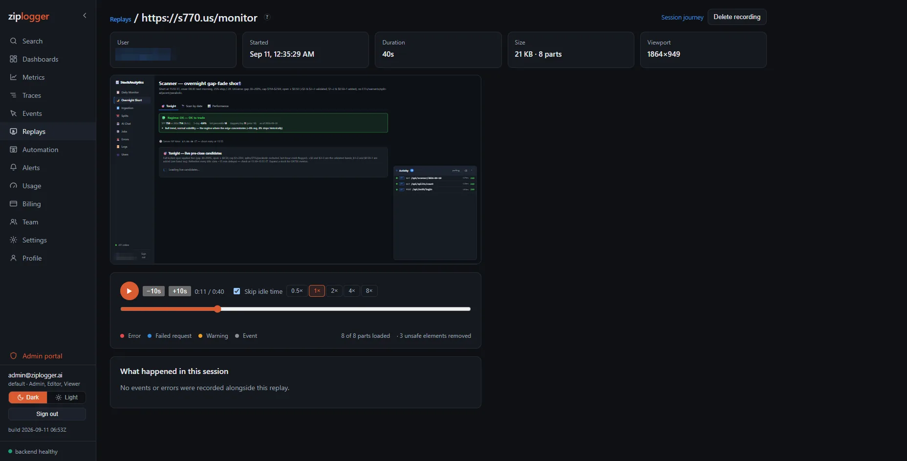 A ZipLogger replay page: the recorded page, the player with Skip idle time and speed buttons, and the legend for error, failed request, warning and event markers