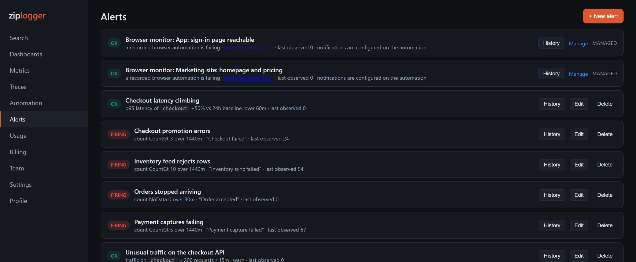 Alert rules showing which are firing and which are healthy, each with the condition in plain language