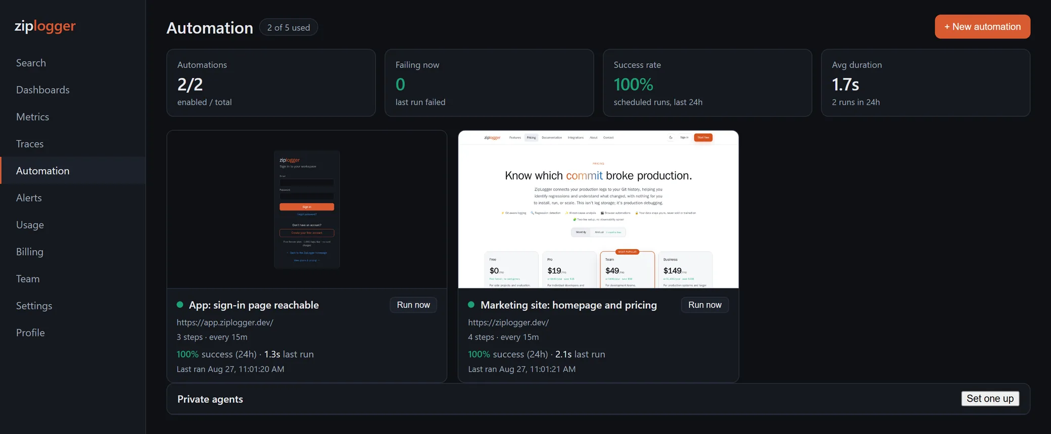 The Automation page with two recorded journeys, each showing its step count, schedule, 24-hour success rate and last run