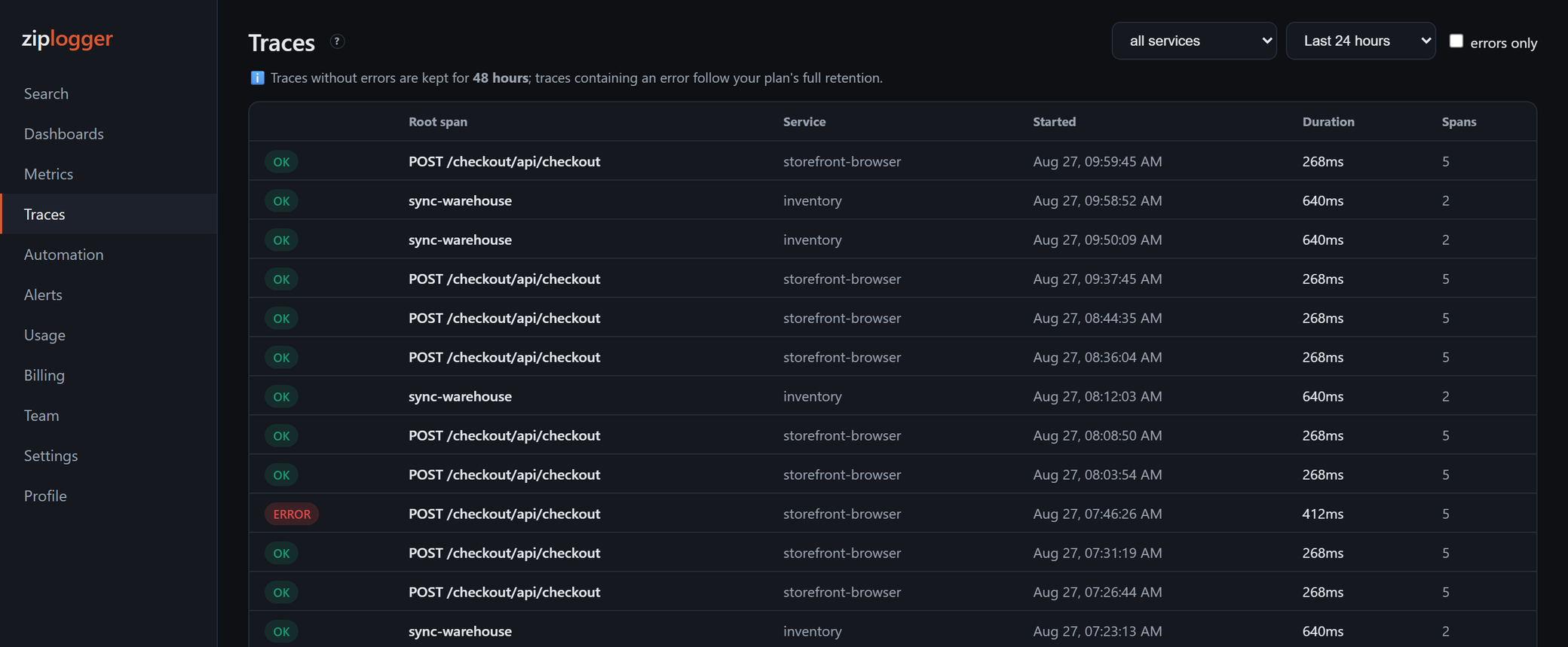 A list of traces marked OK or ERROR, with a notice that error-free traces are kept for 48 hours