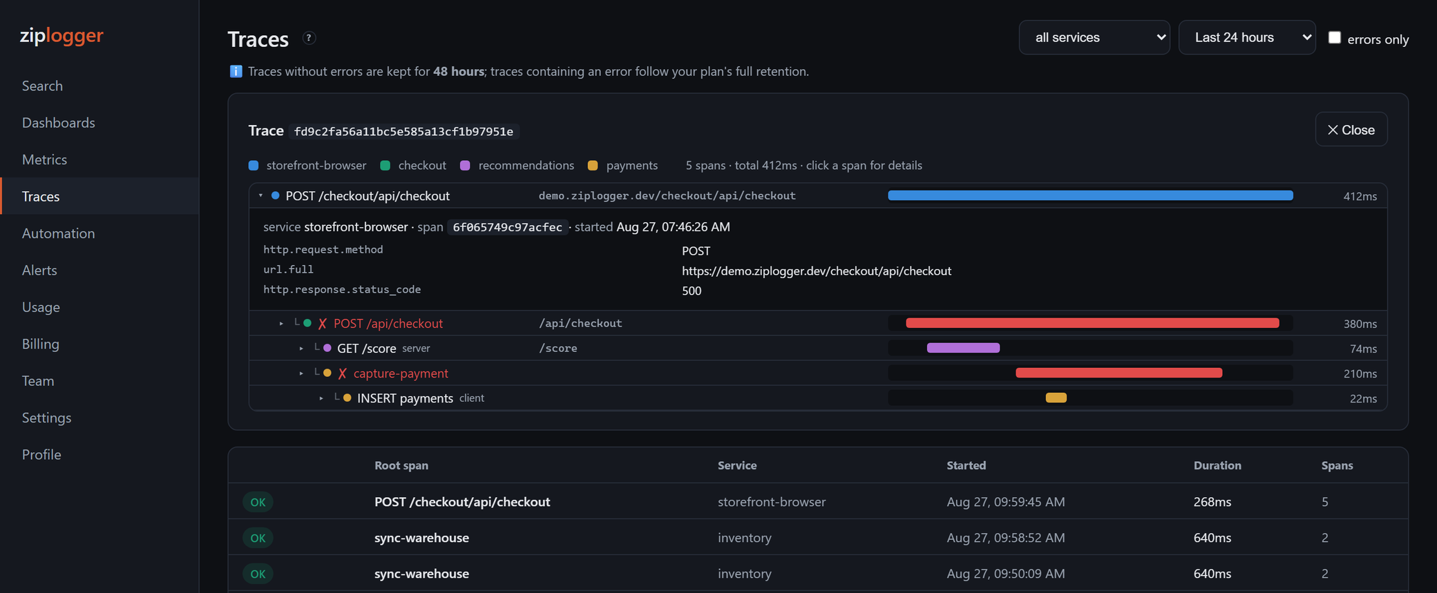 A distributed trace waterfall spanning browser, checkout, recommendations, and payments, with the failing spans marked