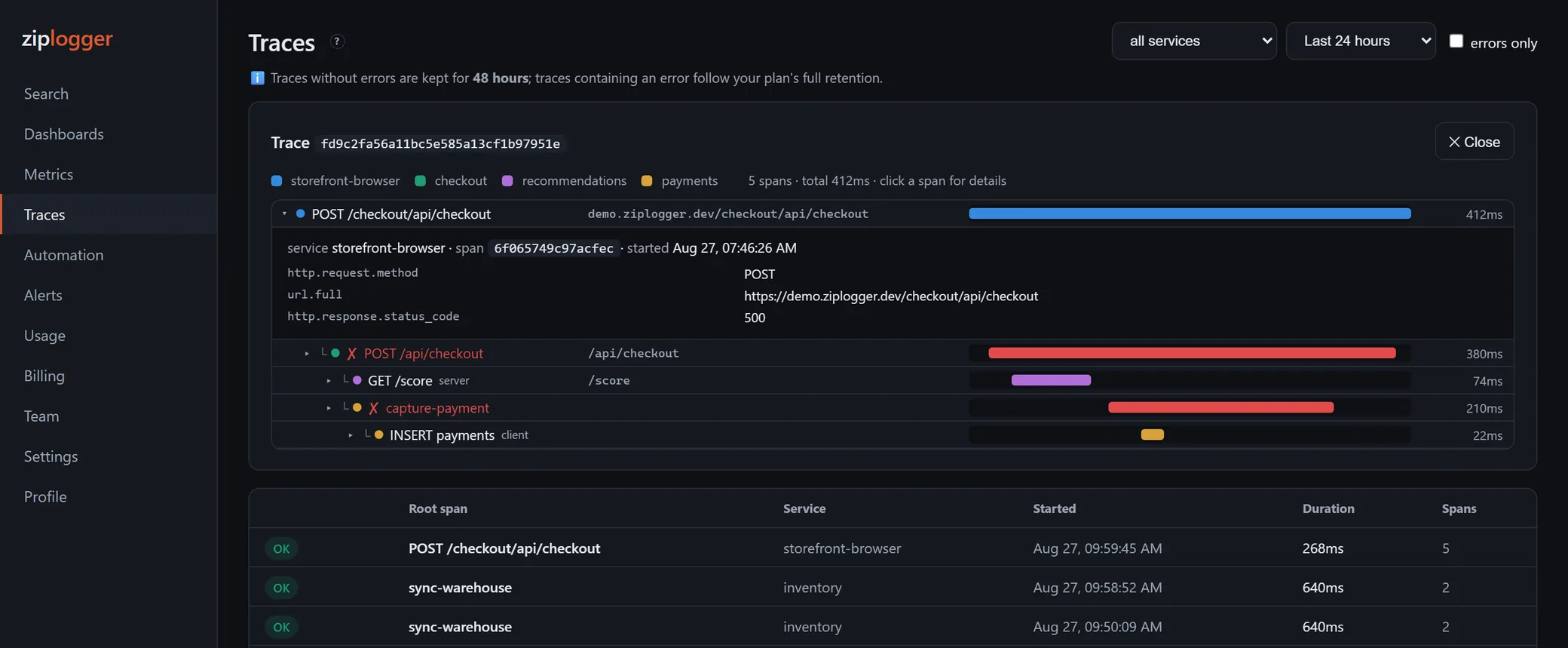 The Traces page with one trace open: a storefront-browser root span for POST /checkout/api/checkout, with checkout, recommendations and payments spans nested below it, on demo data